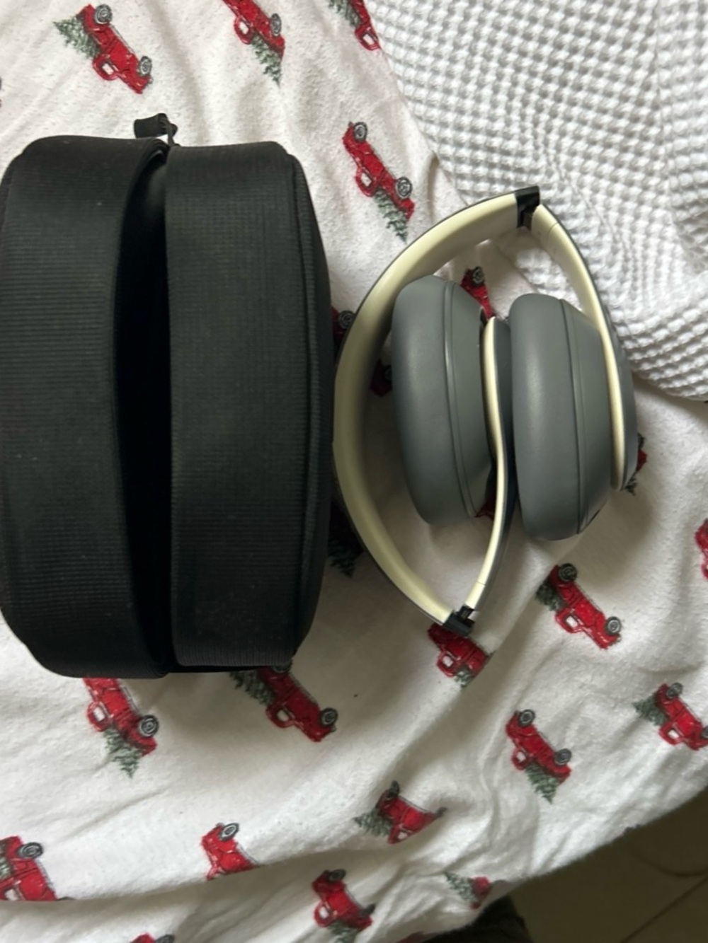 Over-Ear Wireless Headphones in Gray and Cream with Carry Case